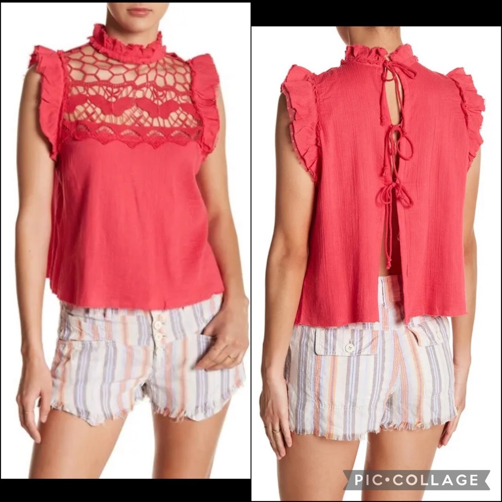 Free People Hot Pink Crochet Gauzy Peasant Mesh Ruffle Blouse Top